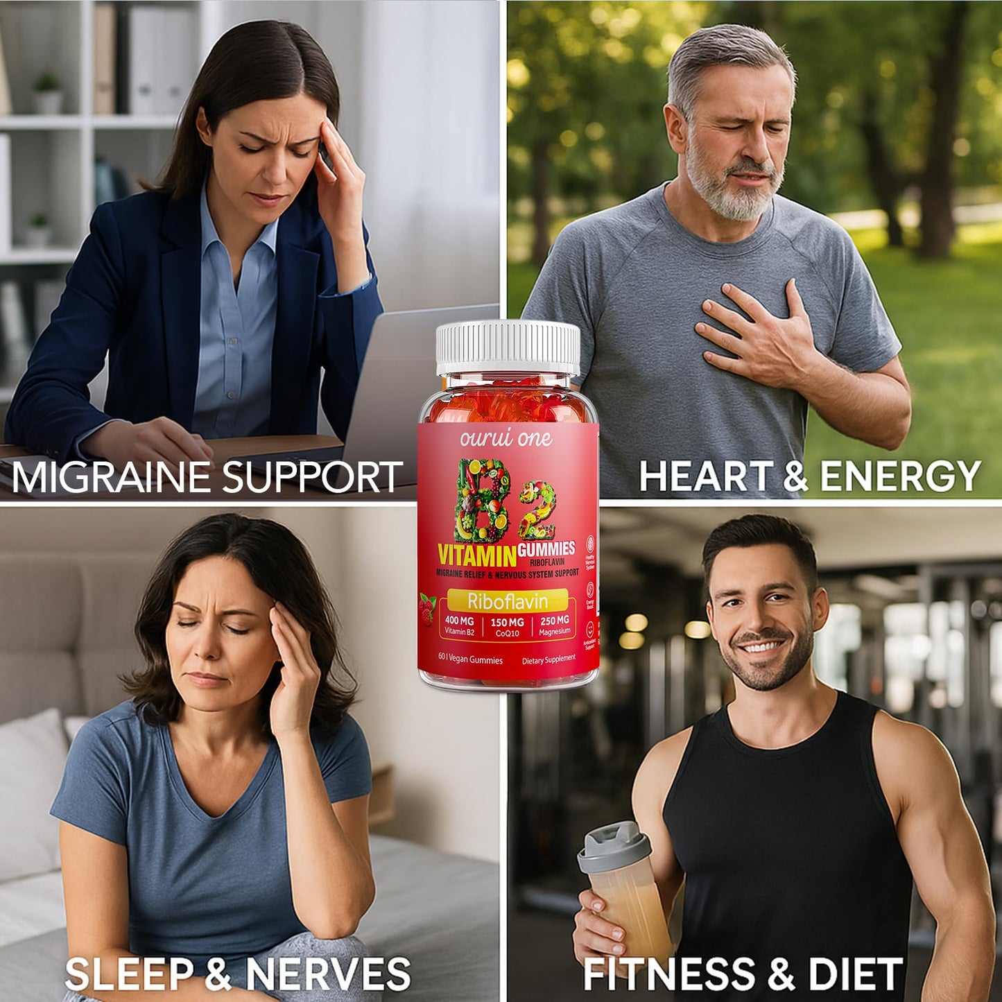 Ourui One Vitamin B2 Gummies 400mg – Riboflavin 400mg with CoQ10 150mg, Magnesium 200mg | 60 Vegan Raspberry Gummies (Pack 2)