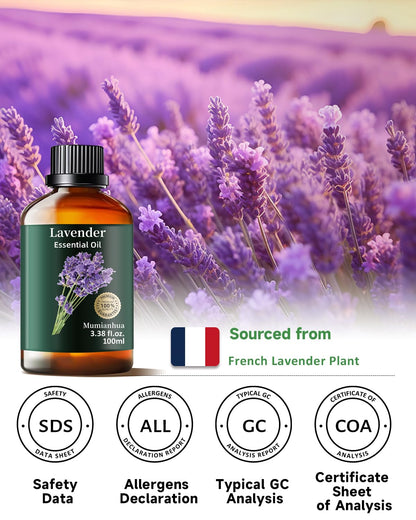Pure Lavender Essential Oil - Mumianhua Natural Lavender Oil for Diffusers, Skin, Hair, Soap & Candles (3.38 Fl Oz)