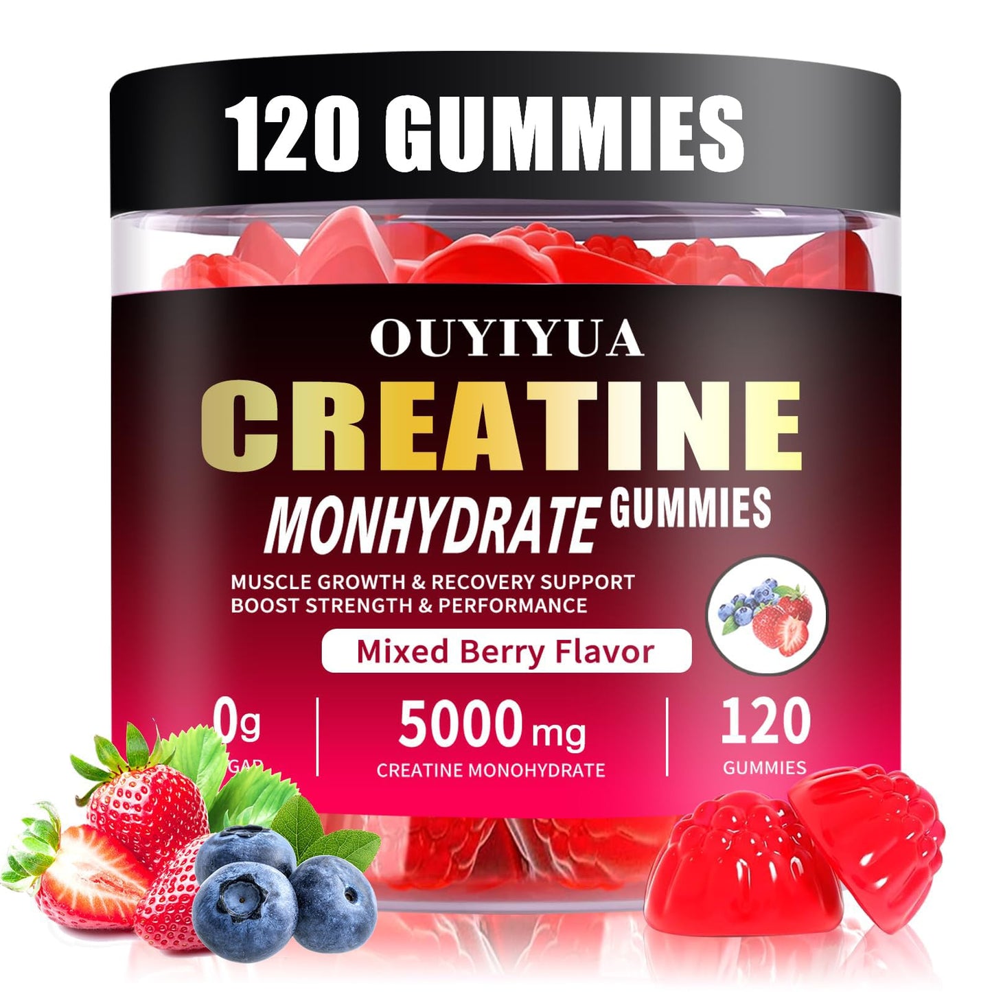 OUYIYUA Creatine Monohydrate Gummies 5000mg – Sugar Free, Mixed Berry, 120 ct