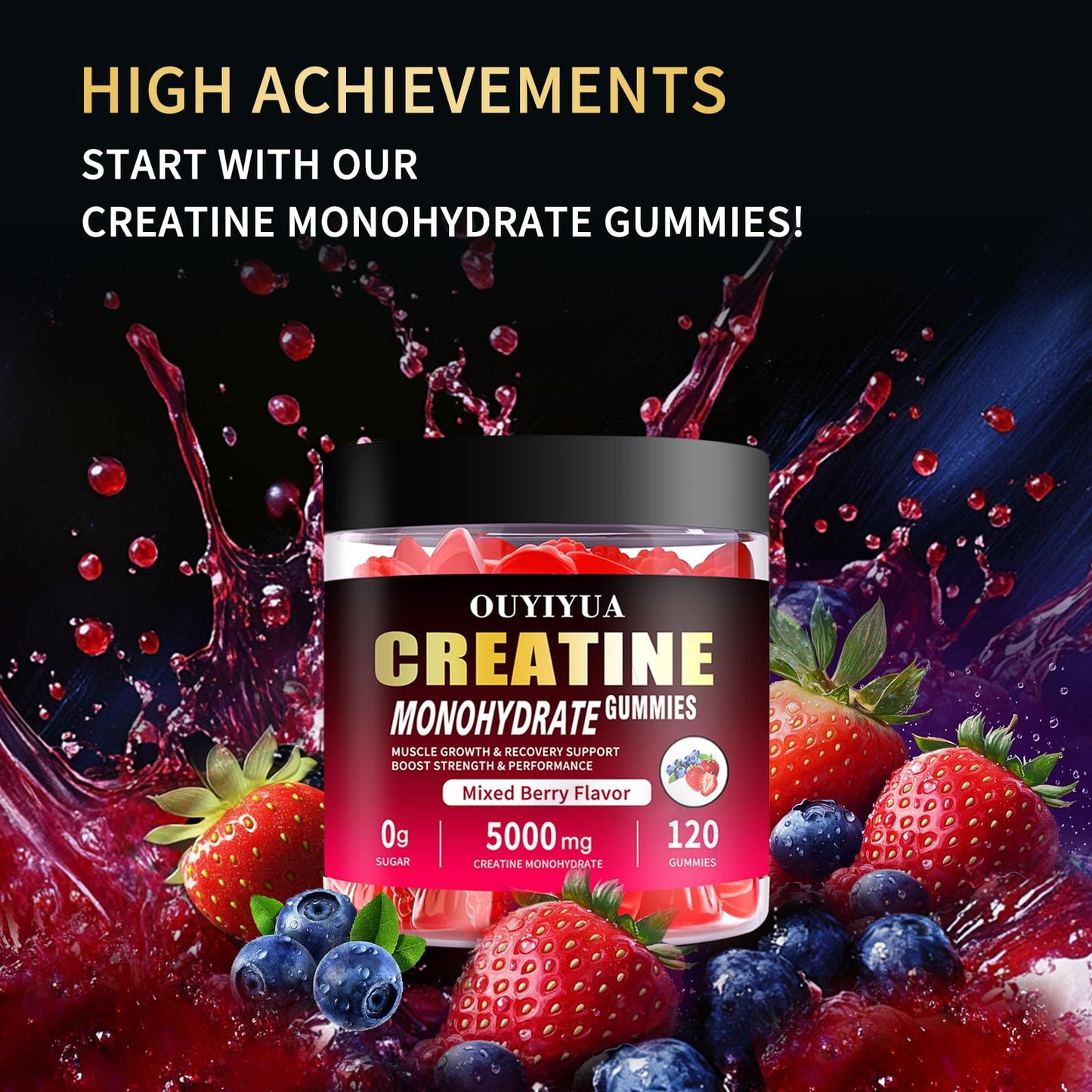 OUYIYUA Creatine Monohydrate Gummies 5000mg – Sugar Free, Mixed Berry, 120 ct