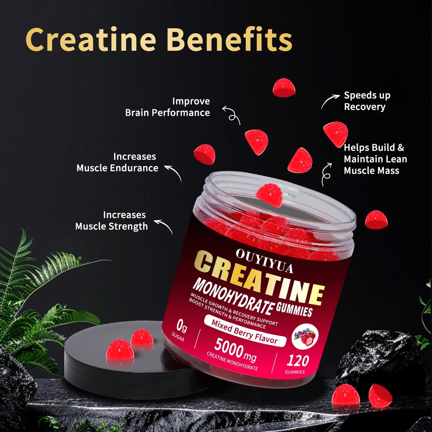 OUYIYUA Creatine Monohydrate Gummies 5000mg – Sugar Free, Mixed Berry, 120 ct