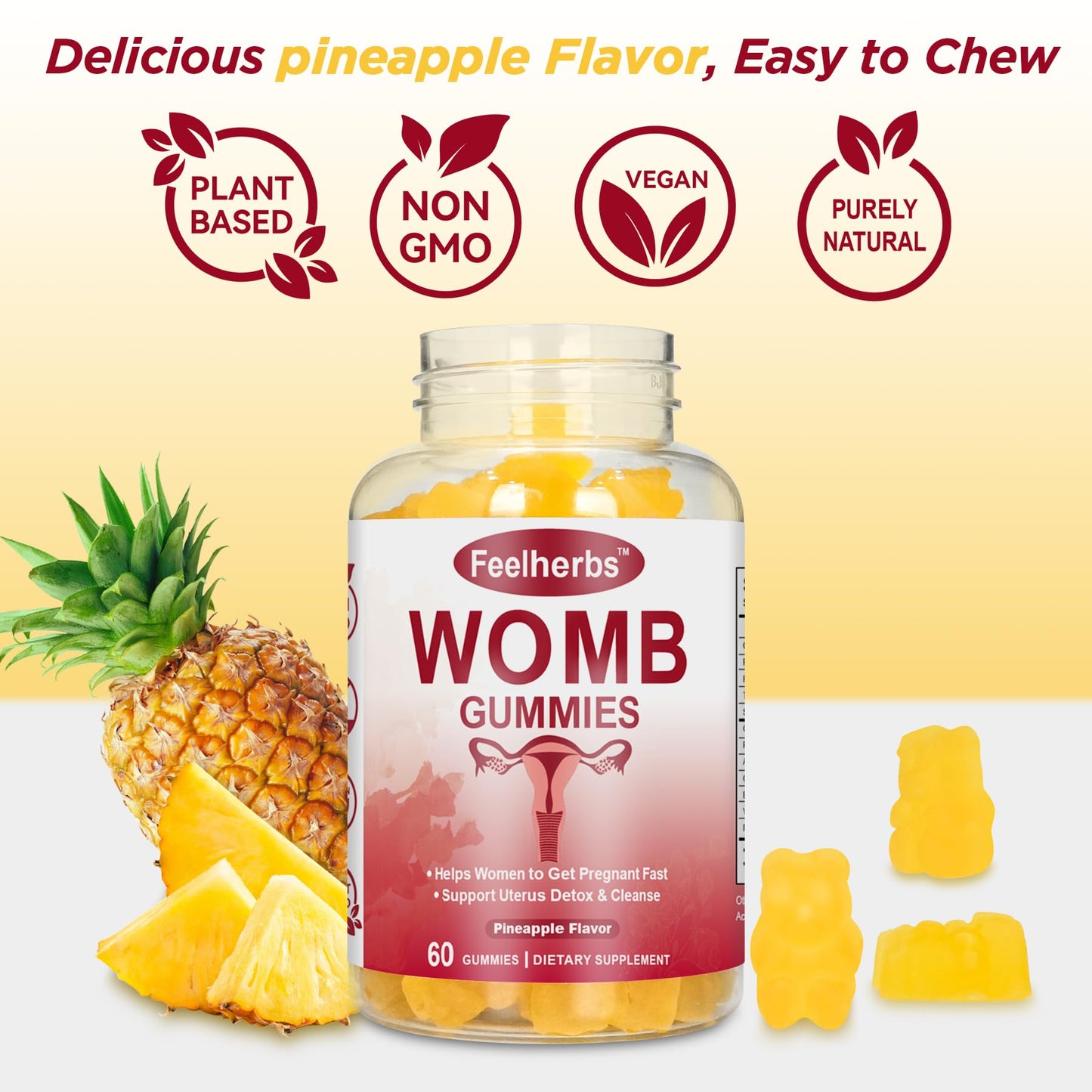 Womb Gummies for Women – Fertility Support, Pineapple Balance, Vegan & Gluten-Free (60 Count)