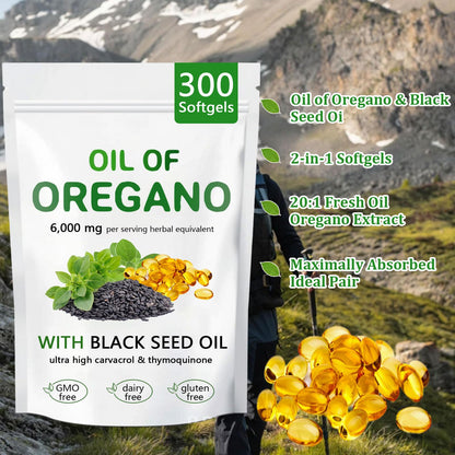 Ovela Oil of Oregano with Black Seed Oil – 2-in-1 Oregano Capsules, Immune Support, 300 Softgels