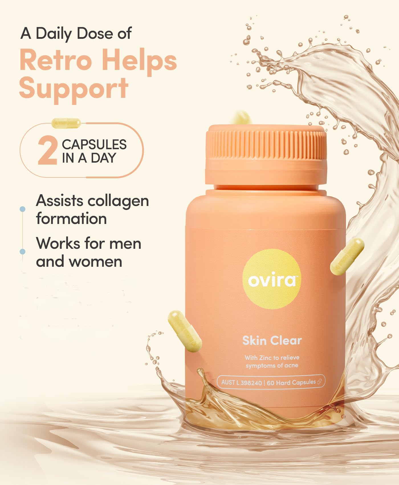 Ovira Skin Clear with ZINCBRIGHT - 60 Capsules for Clear & Glowing Skin | Rosacea & Hormonal Acne Treatment with Vitamin C | Support Collagen Production | Acne Supplements for Women & Men - Pack of 1