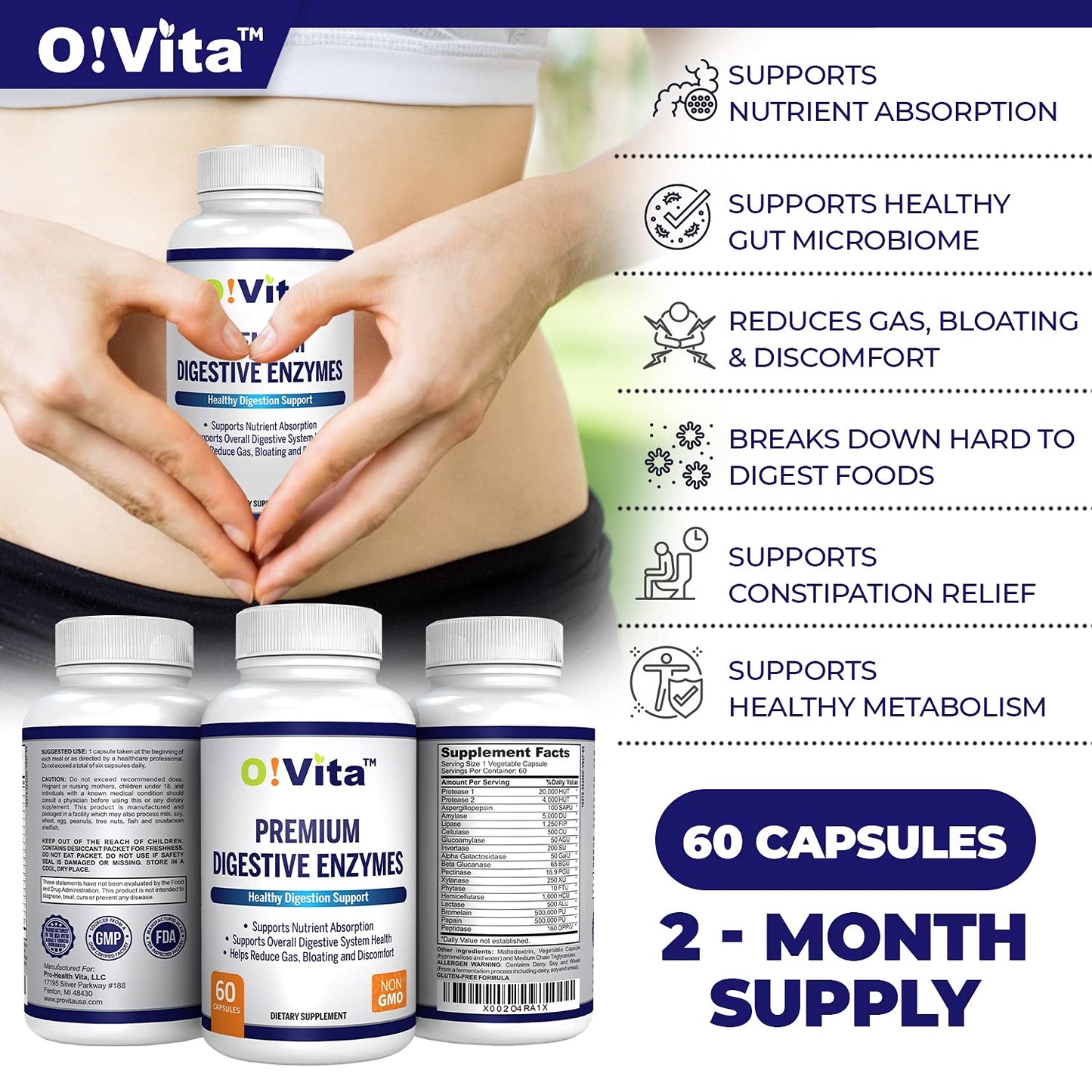 O!VITA Premium Digestive Enzymes – Plant-Based Enzymes for Better Digestion & Nutrient Absorption (60 Veggie Capsules)