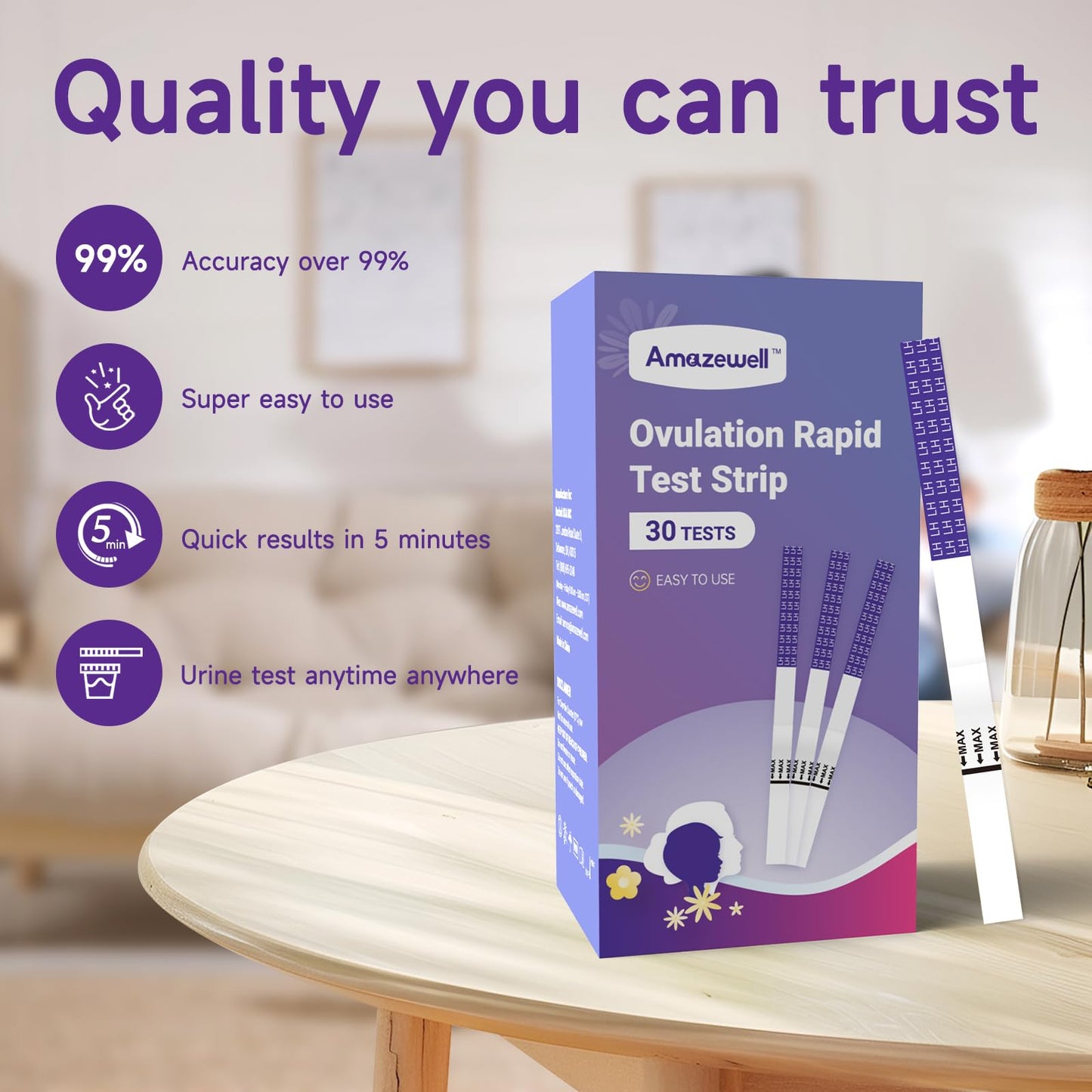 Amazewell Ovulation Test Strips – 30pcs LH Predictor Kit, 5mm Wide, High Accuracy