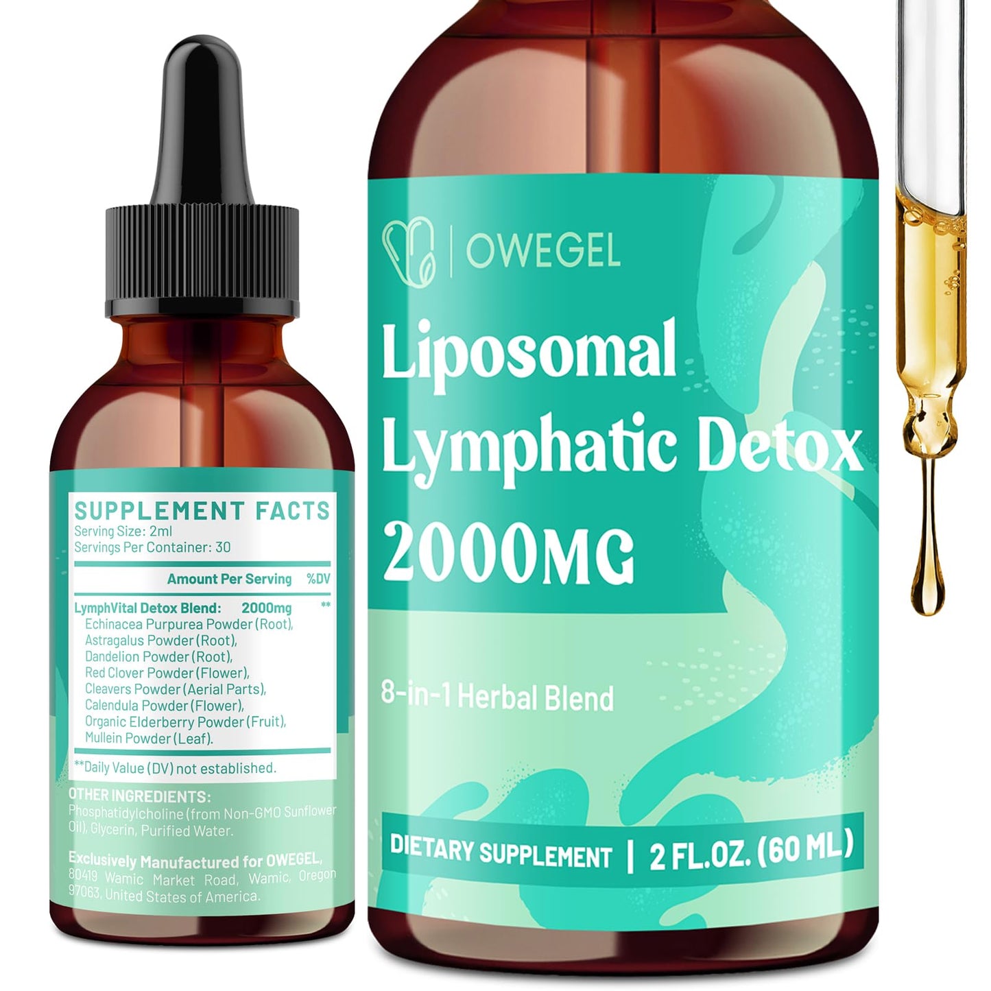 Owegel Liposomal Lymphatic Drainage Drops 2000mg – Immune & Lymphatic Support – Sugar-Free, Alcohol-Free – 2 FL OZ