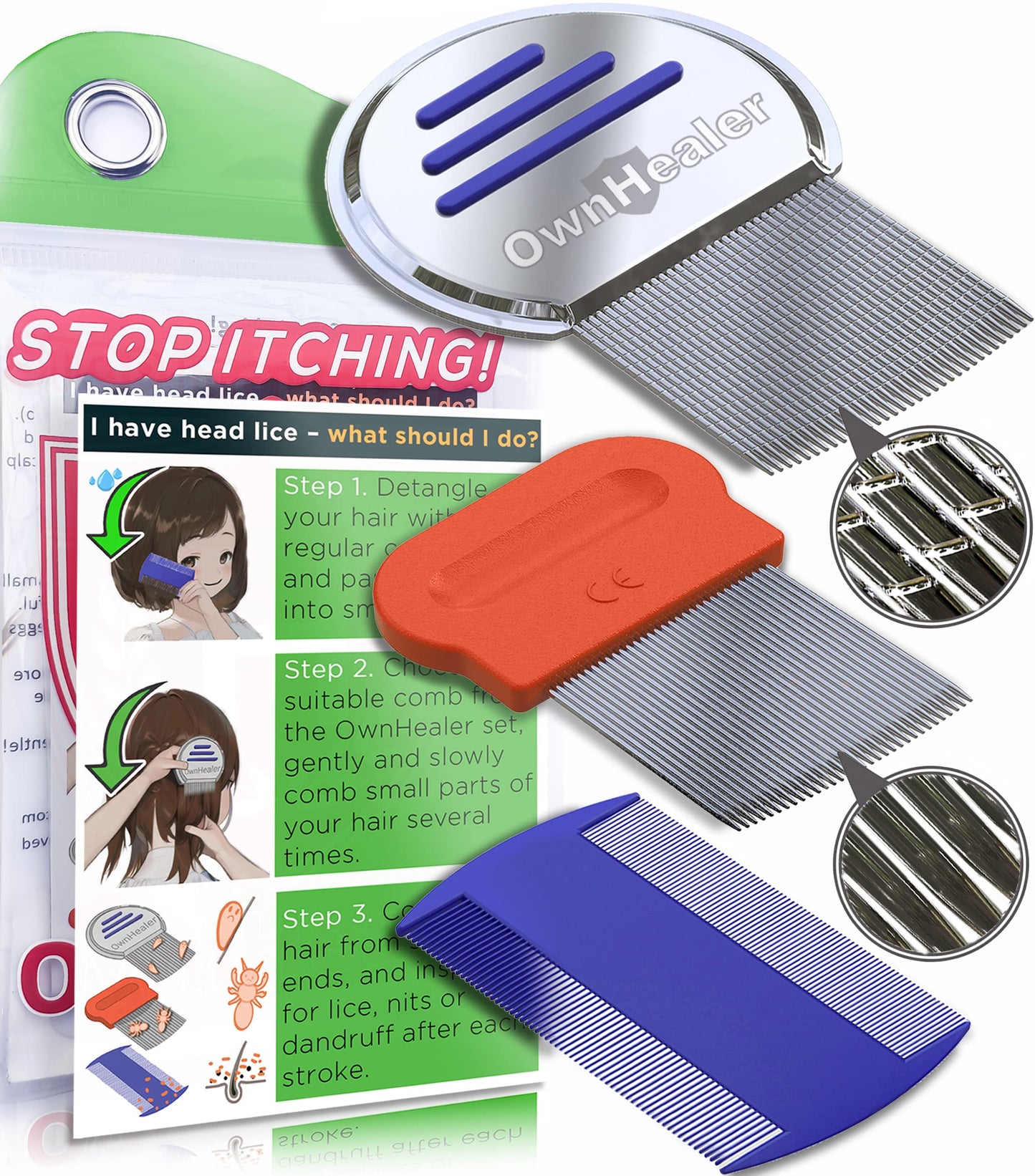 OWNHEALER Professional Lice Comb Kit – Fast, Gentle Lice & Nit Removal for All Hair Types
