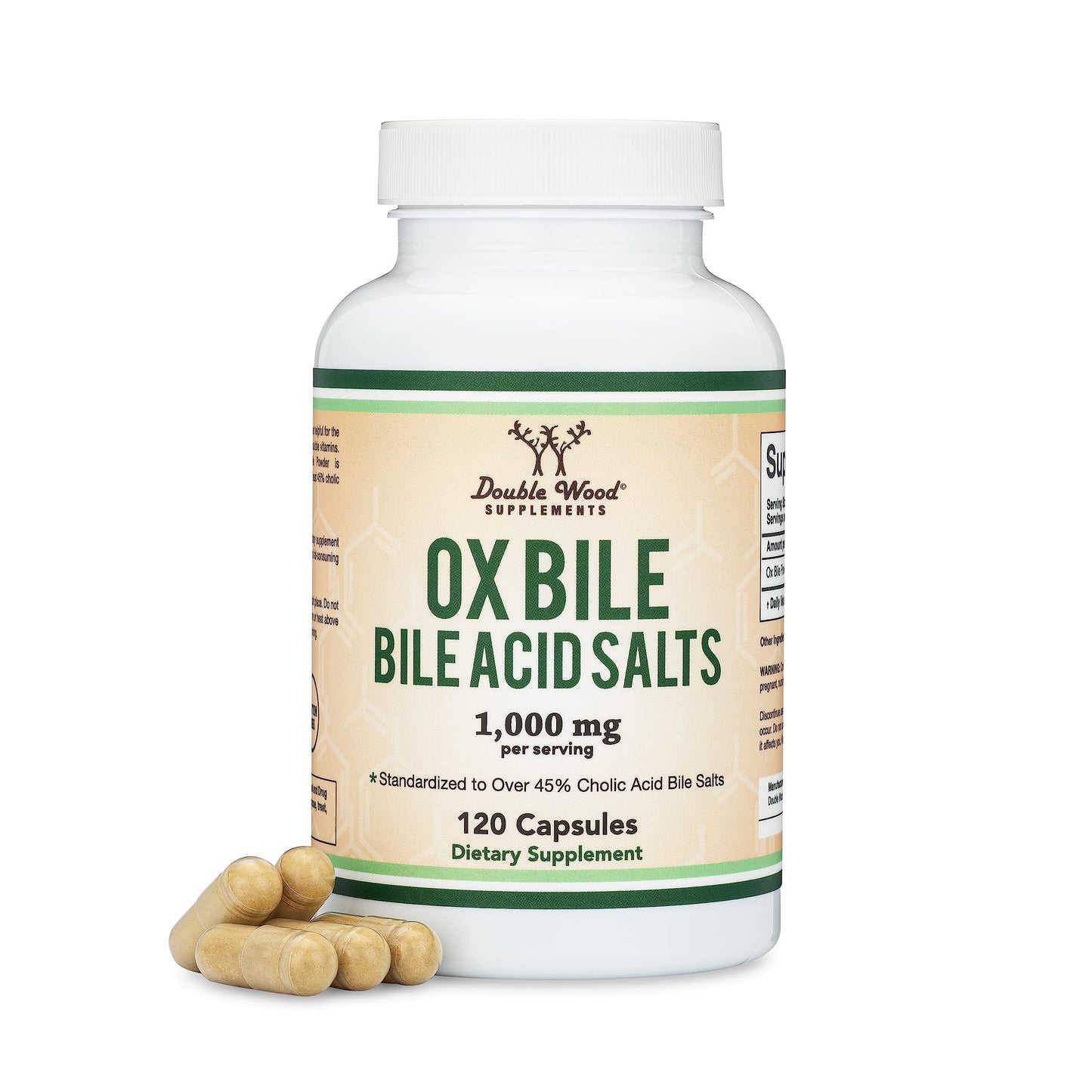 Ox Bile Supplement for No Gallbladder – 1,000mg Per Serving, 500mg per Capsule, 120 Capsules – 45% Cholic Acid Bile Salts | Double Wood