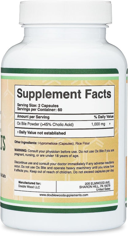 Ox Bile Supplement for No Gallbladder – 1,000mg Per Serving, 500mg per Capsule, 120 Capsules – 45% Cholic Acid Bile Salts | Double Wood