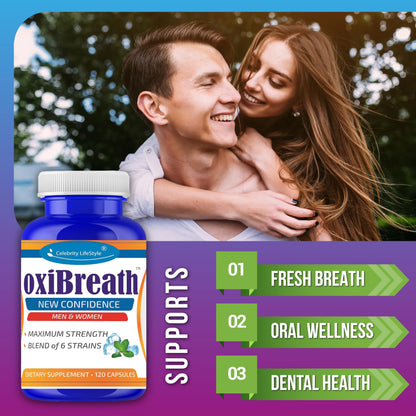 OxiBreath Oral Probiotics – Probiotic for Bad Breath & Halitosis Support – Fresh Breath Supplement with Prebiotics FOS & XOS – DE111® & 6-Strain Dental Probiotic Blend – 120 Ct – 2 Months Supply