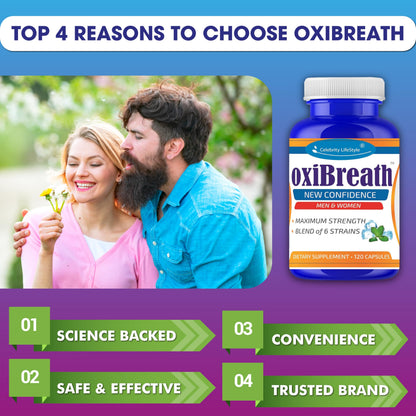 OxiBreath Oral Probiotics – Probiotic for Bad Breath & Halitosis Support – Fresh Breath Supplement with Prebiotics FOS & XOS – DE111® & 6-Strain Dental Probiotic Blend – 120 Ct – 2 Months Supply
