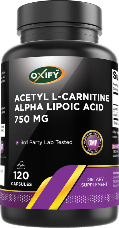 Oxify Acetyl L-Carnitine + Alpha Lipoic Acid 750 mg – 120 Capsules, Gluten-Free, Made in USA