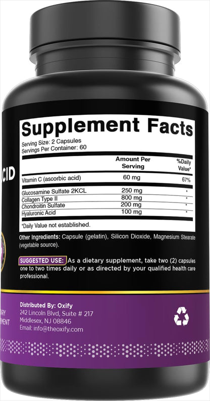 Oxify Hyaluronic Acid with Glucosamine, Chondroitin, Collagen & Vitamin C | 120 Capsules | Gluten-Free & Non-GMO | Made in USA