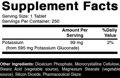 Oxify Potassium Gluconate 595 mg - 250 Tablets | Gluten-Free, Non-GMO | USA Made