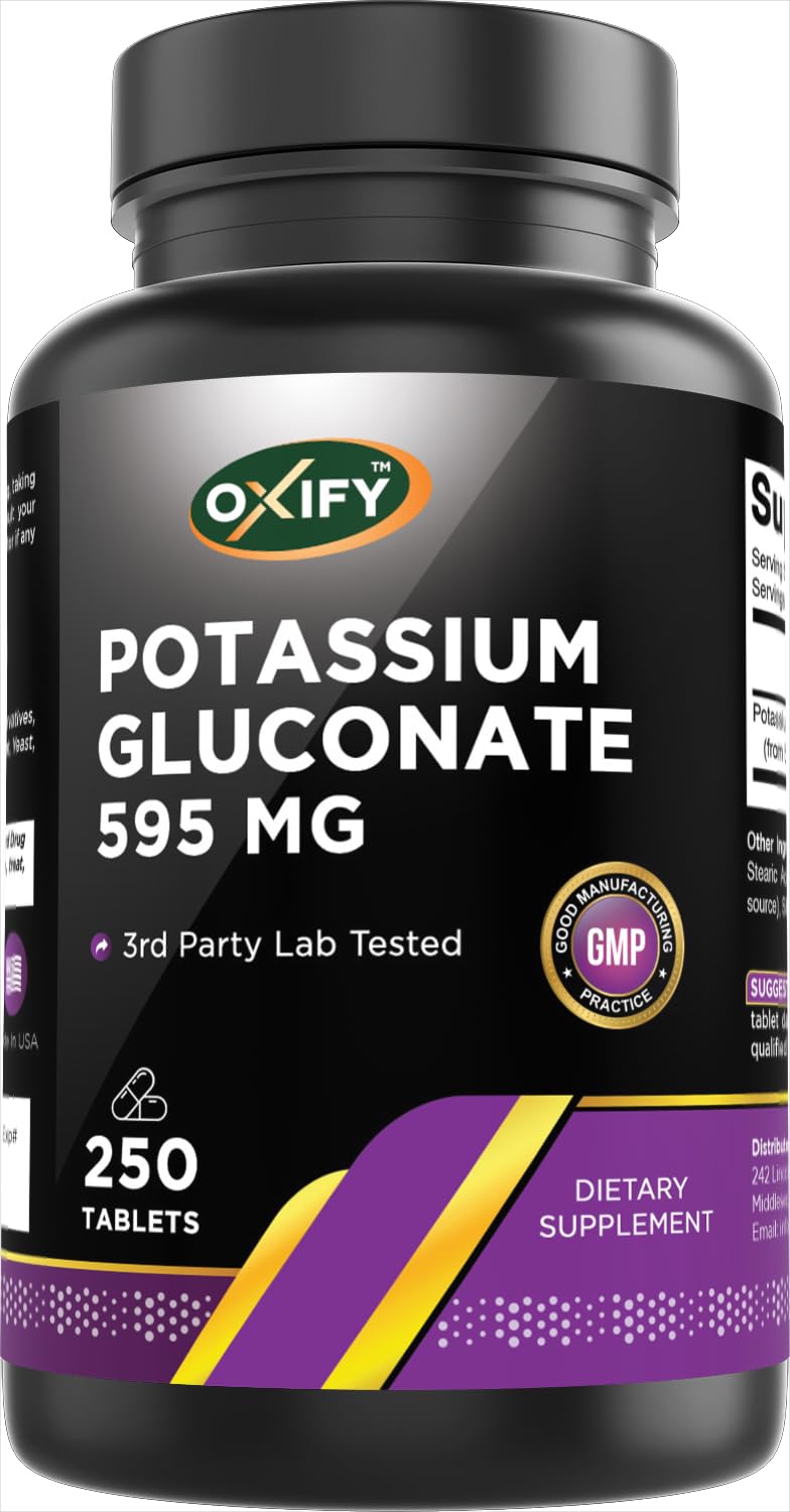 Oxify Potassium Gluconate 595 mg - 250 Tablets | Gluten-Free, Non-GMO | USA Made