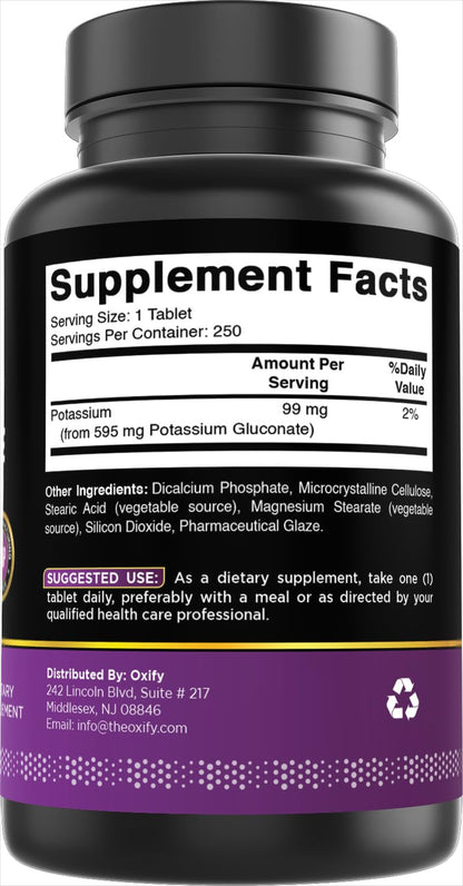 Oxify Potassium Gluconate 595 mg - 250 Tablets | Gluten-Free, Non-GMO | USA Made