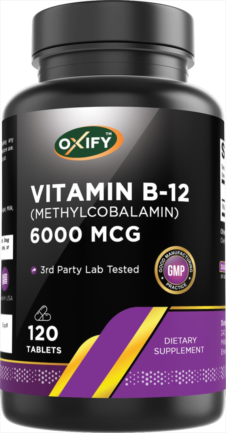 Oxify Vitamin B-12 6000 mcg (Methylcobalamin) - 120 Tablets - Gluten-Free, Non-GMO - Made in USA