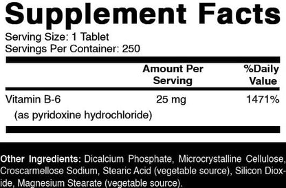 Oxify Vitamin B-6 25mg | 250 Tablets | Gluten-Free, Non-GMO | Made in USA