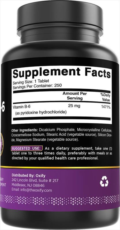 Oxify Vitamin B-6 25mg | 250 Tablets | Gluten-Free, Non-GMO | Made in USA