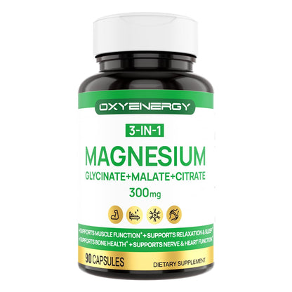 OXYENERGY 3 in 1 Magnesium Complex - 300mg Chelated Triple Magnesium (Glycinate, Malate, Citrate) - Vegan - 90 Capsules