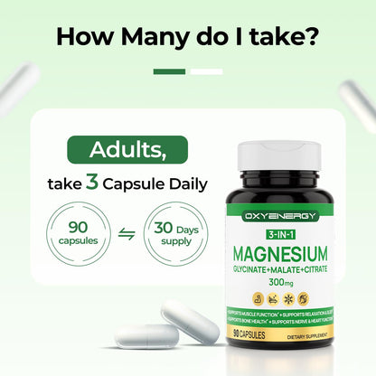 OXYENERGY 3 in 1 Magnesium Complex - 300mg Chelated Triple Magnesium (Glycinate, Malate, Citrate) - Vegan - 90 Capsules