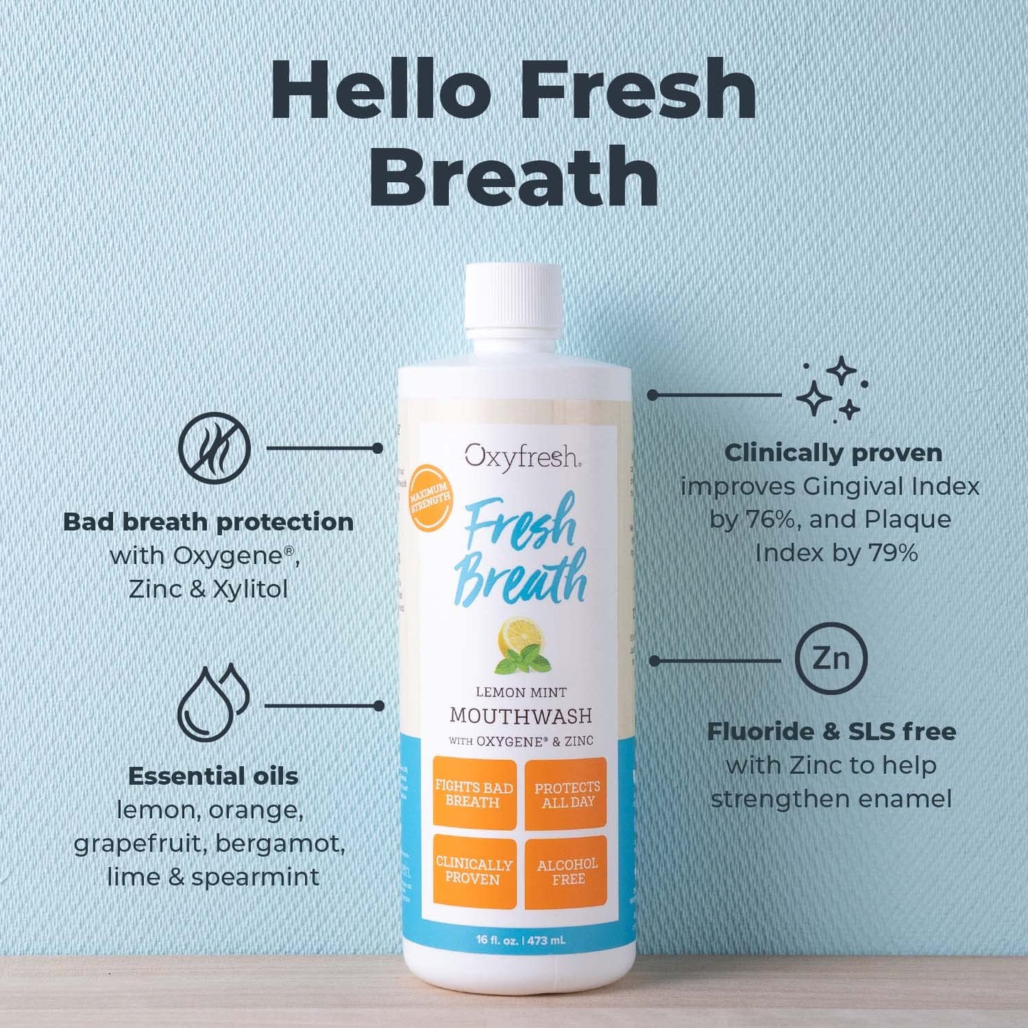 Oxyfresh Lemon Mint Fresh Breath Mouthwash – SLS & Fluoride Free, Alcohol Free – 16 Fl Oz (Pack of 3)