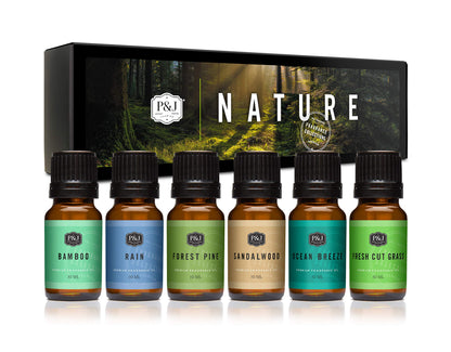 Nature Set Fragrance Oils by P&J – Forest Pine, Ocean Breeze, Rain, Fresh Cut Grass, Sandalwood & Bamboo