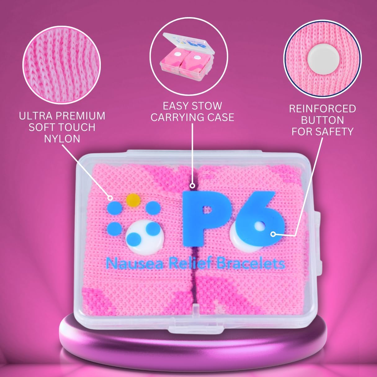 P6 Motion Sickness Bands for Kids - All-Natural Acupressure (2 Pack, Pink/Blue)