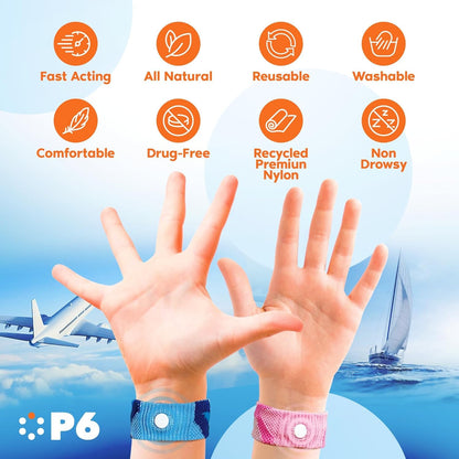 P6 Motion Sickness Bands for Kids - All-Natural Acupressure (2 Pack, Pink/Blue)