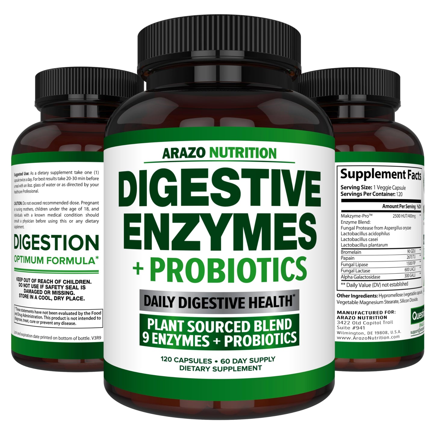 Arazo Nutrition Digestive Enzymes with Probiotics – Multi-Enzyme Digestive Supplement (120 Pills x 2 Pack)
