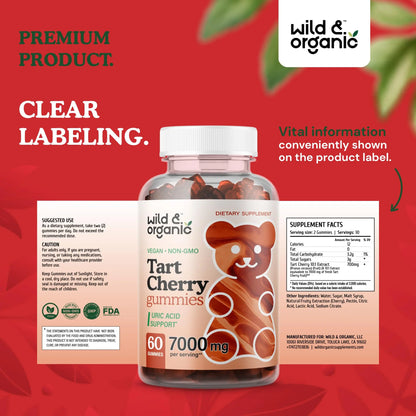 Wild & Organic Tart Cherry Gummies 7000 mg - Tart Cherry Extract for Uric Level Support - 60 Vegan, Non-GMO Chews (Pack of 2) BritishVita | Premium UK Vitamins & Wellness Supplements