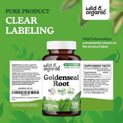 Wild & Organic Goldenseal Root Capsules 1000mg - Immune & Lung Support - 120 Goldenseal Powder Capsules - 2 Month Supply - Vegan, No Fillers, Non-GMO