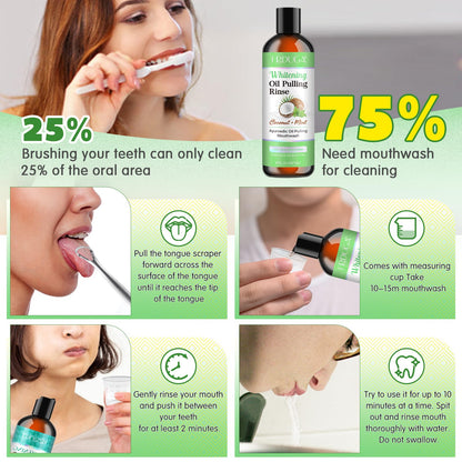 Oil Pulling Mouthwash with Coconut & Peppermint Essential Oils - Alcohol-Free, Vitamins D & E | Fresh Breath, Teeth Whitening, Gum Health | Tongue Scraper (8 Fl Oz)