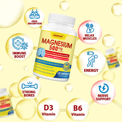 10-in-1 Magnesium Complex 500mg Glycinate, Citrate & Malate - Vitamin D3 & Zinc - 120 Capsules