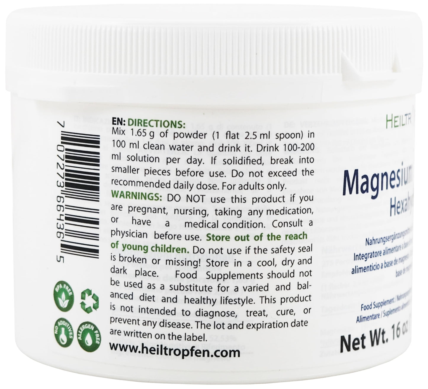 1 Pound Magnesium Chloride Hexahydrate – Pharmaceutical Grade, EUR/BP/USP | Third-Party Tested | Heiltropfen Crystal Powder
