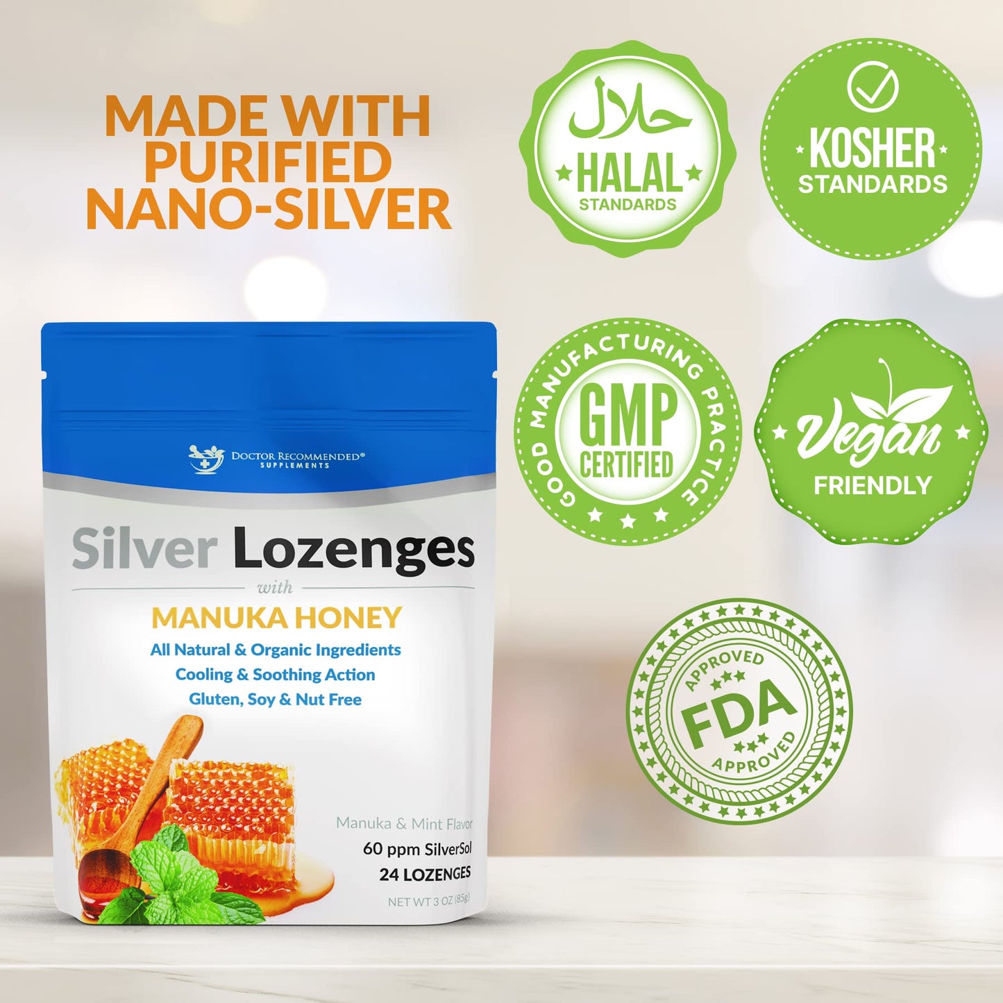 Silver Lozenges with Manuka Honey & Vitamin C – Nano Silver 60 PPM, 45-50mcg, 24 Lozenges