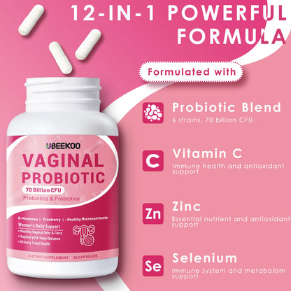 Vaginal Probiotics for Women – 70 Billion CFU, pH Balance & UTI Support | 60 Capsules