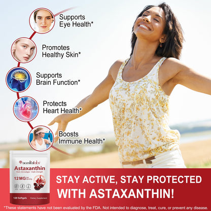 Astaxanthin 12mg 120 Softgels (4-Month) – Haematococcus Pluvialis, Non-GMO