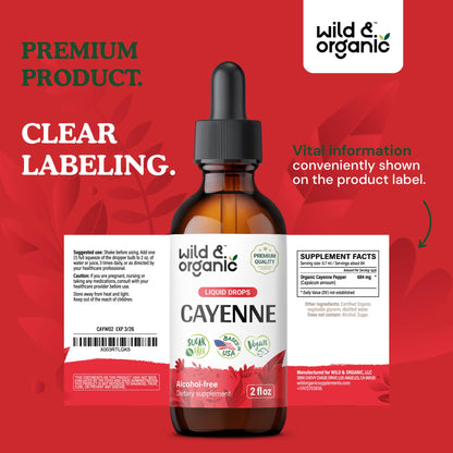 Wild & Organic Cayenne Pepper Tincture - Digestive Support, Alcohol-Free Drops, 2 fl oz