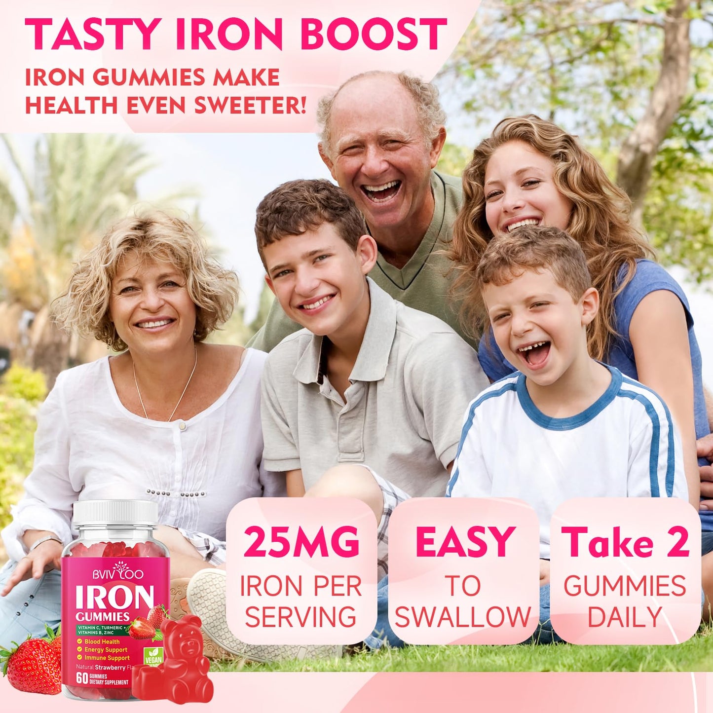 2 Pack Vegan Iron Gummies for Adults & Kids – Vitamin C, B-Complex & Zinc | 120 Gummies