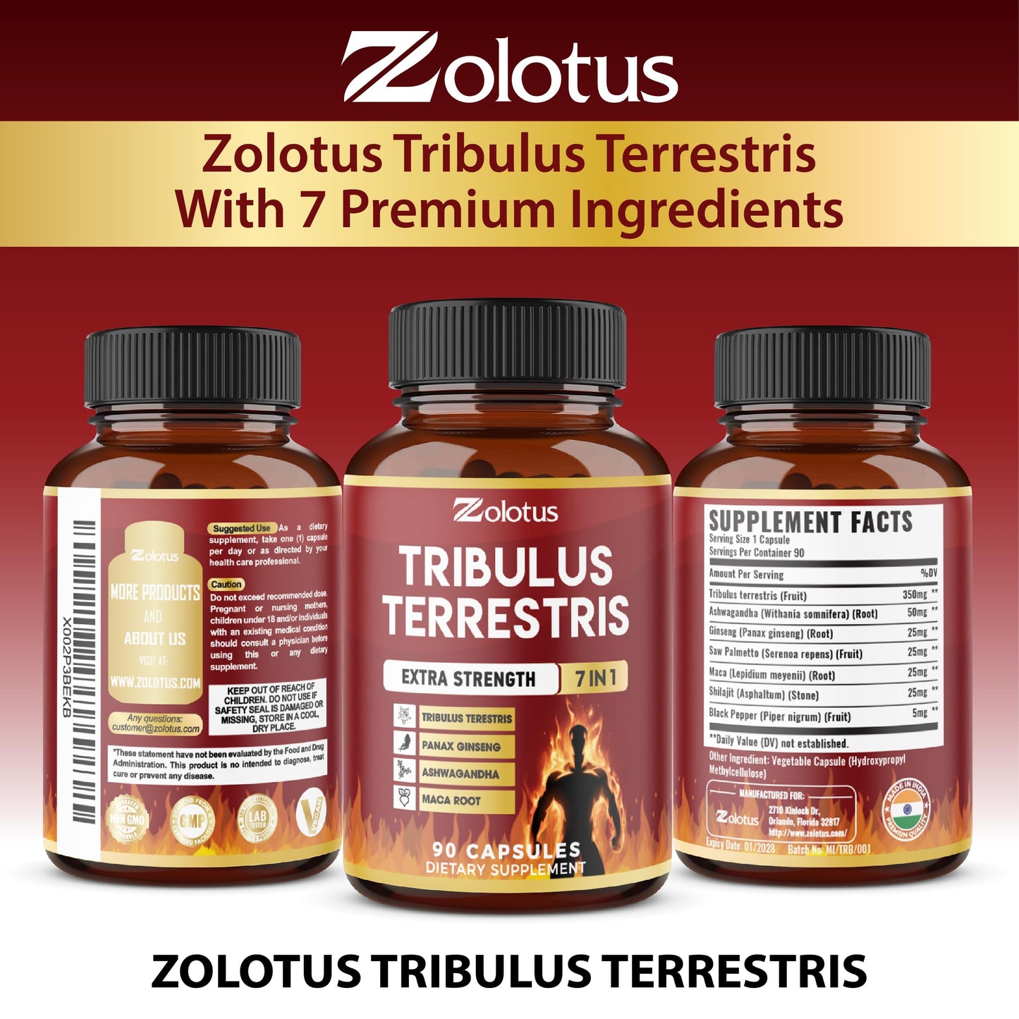 Tribulus Terrestris Capsules with Ashwagandha, Panax Ginseng, Saw Palmetto, Maca, Shilajit — 90 Capsules (3-Month Supply)