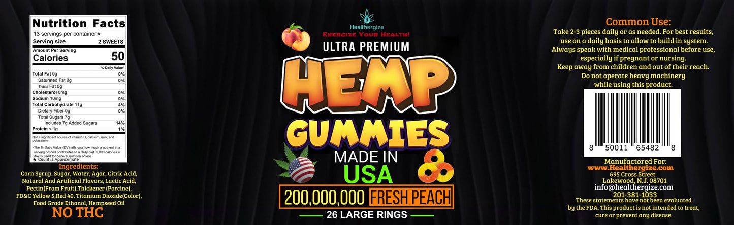 2Pack Hemp Gummies – Premium Hemp Oil Peach Ring (Made in USA)