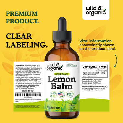 Wild & Organic Lemon Balm Tincture – Mood Support, Melissa Leaf Extract Drops, Vegan, Sugar & Alcohol-Free, 4 fl oz