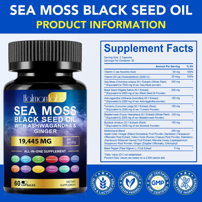 Sea Moss Black Seed Oil Ashwagandha Ginger Turmeric Capsules & Gummies – 60 Count