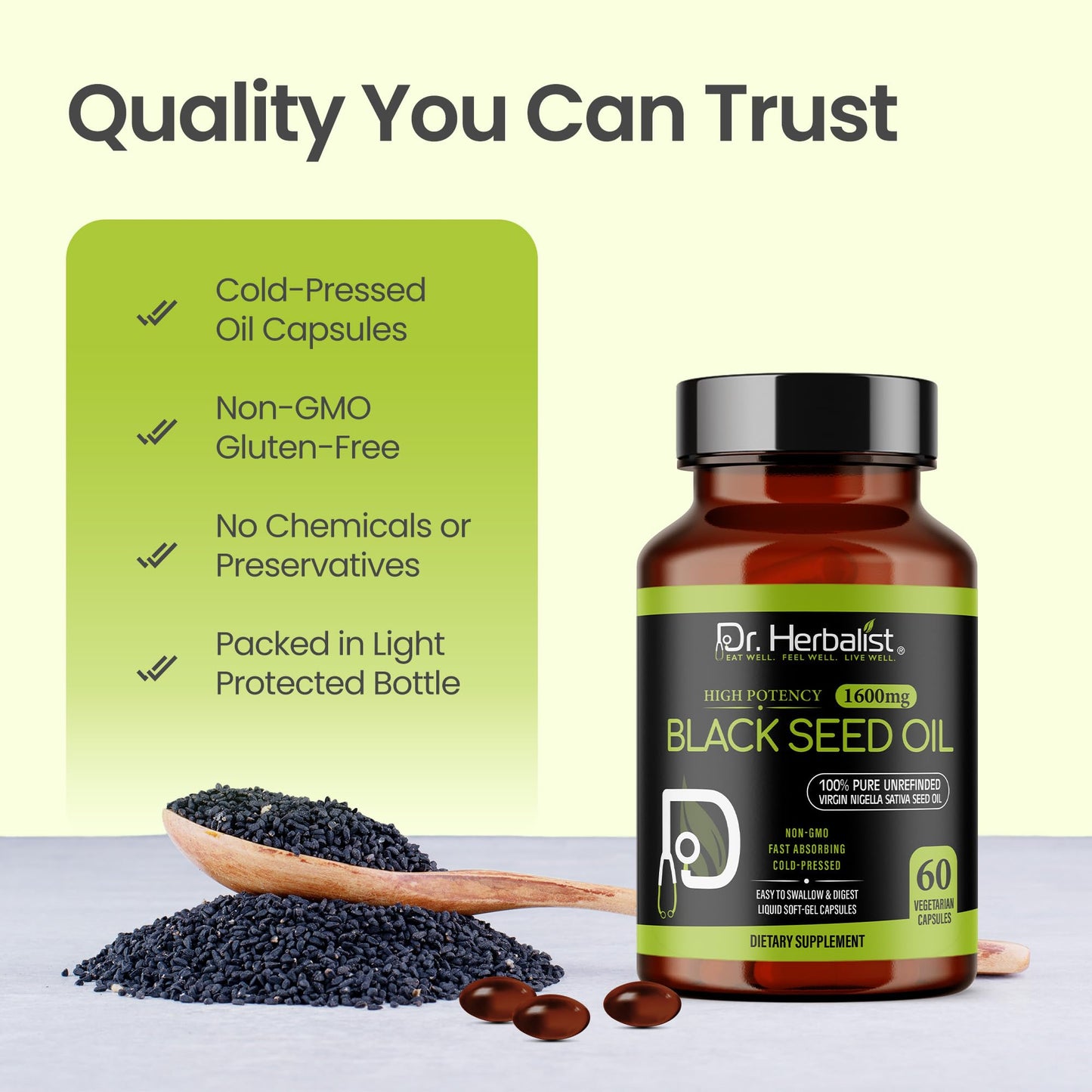 Dr. HERBALIST Black Seed Oil 1600mg – 60 Softgels | Cold-Pressed Organic Nigella Sativa