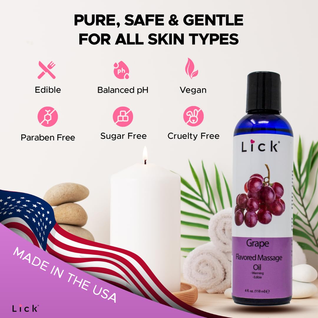 Grape Flavored Massage Oil - Vitamin E, Sweet Almond & Coconut Oil, 4 oz (Vegan, Non-Sticky)