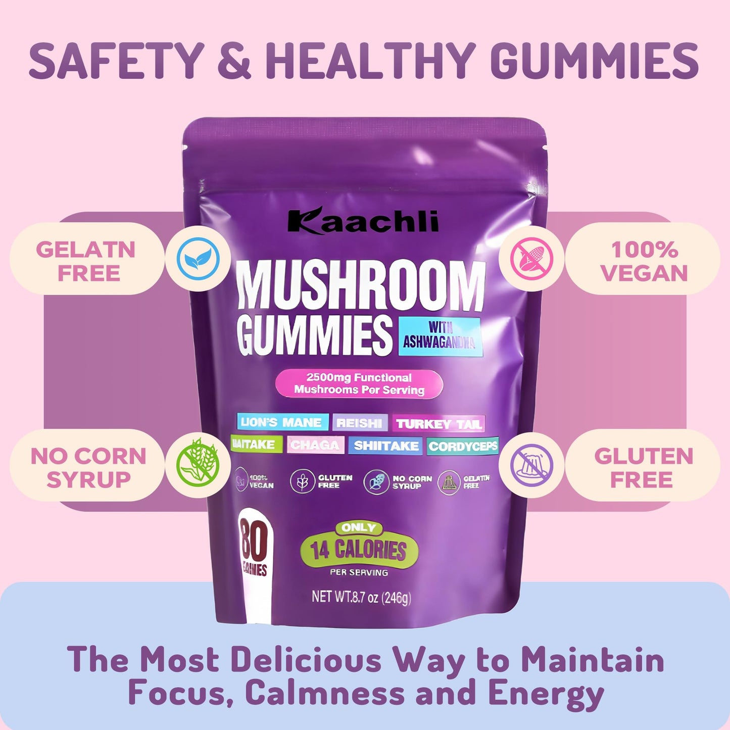 KAACHLI Ashwagandha & 8 Mushroom Blend Gummies 500mg | Focus, Energy & Cognitive Boost – 80 Count