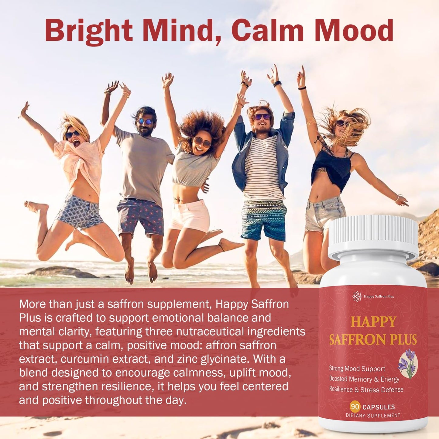 Happy Saffron Plus - 90 Vegan Capsules | Mood Balance & Eye Health | Non-GMO, Gluten Free
