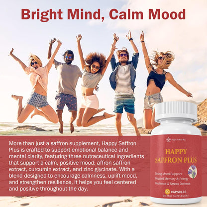 Happy Saffron Plus - 90 Vegan Capsules | Mood Balance & Eye Health | Non-GMO, Gluten Free